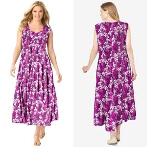 Woman Within Pink Floral Pintucked Sleeveless Maxi Dress Petite 18/20 Feminine